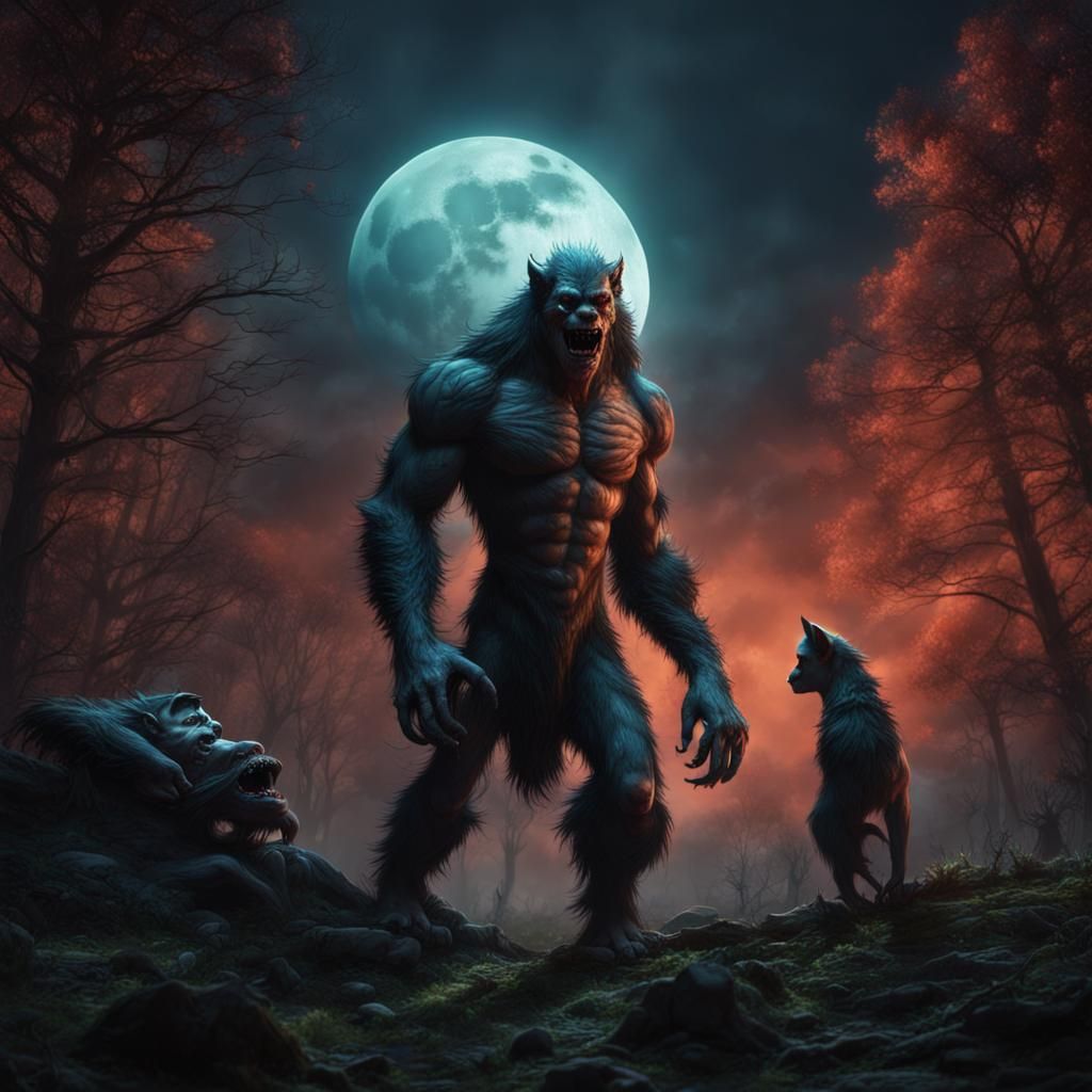 Werewolf and Frankenstein Monster in Forest Art