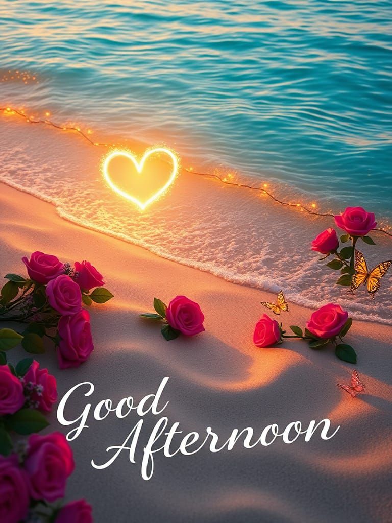 Turquoise Seashore Sunset with Roses and Glowing Lights