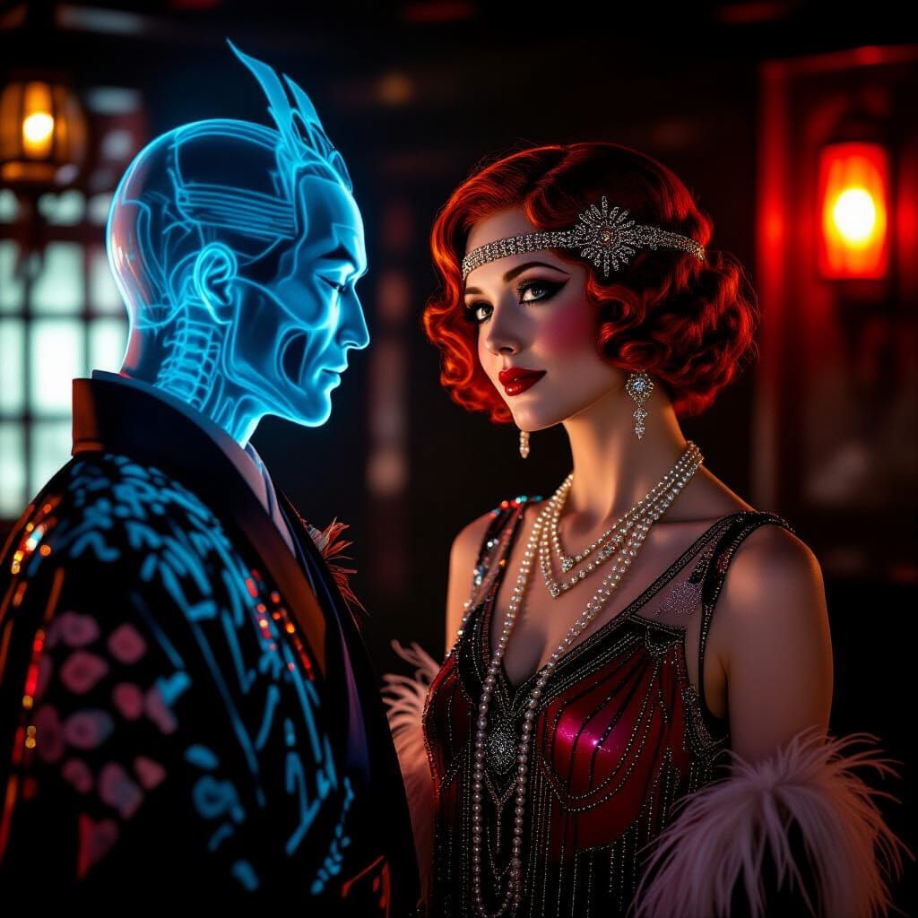 Flapper and Samurai in Neon Speakeasy: A Cinematic Scene