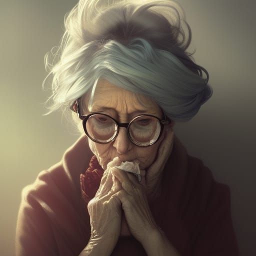 Sleepy Woman Hugging Dog, Detailed Portrait