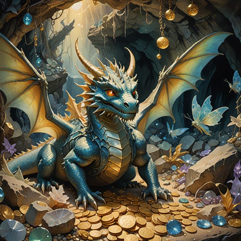Dragon's Hoard in Cave with Fairies, Watercolor