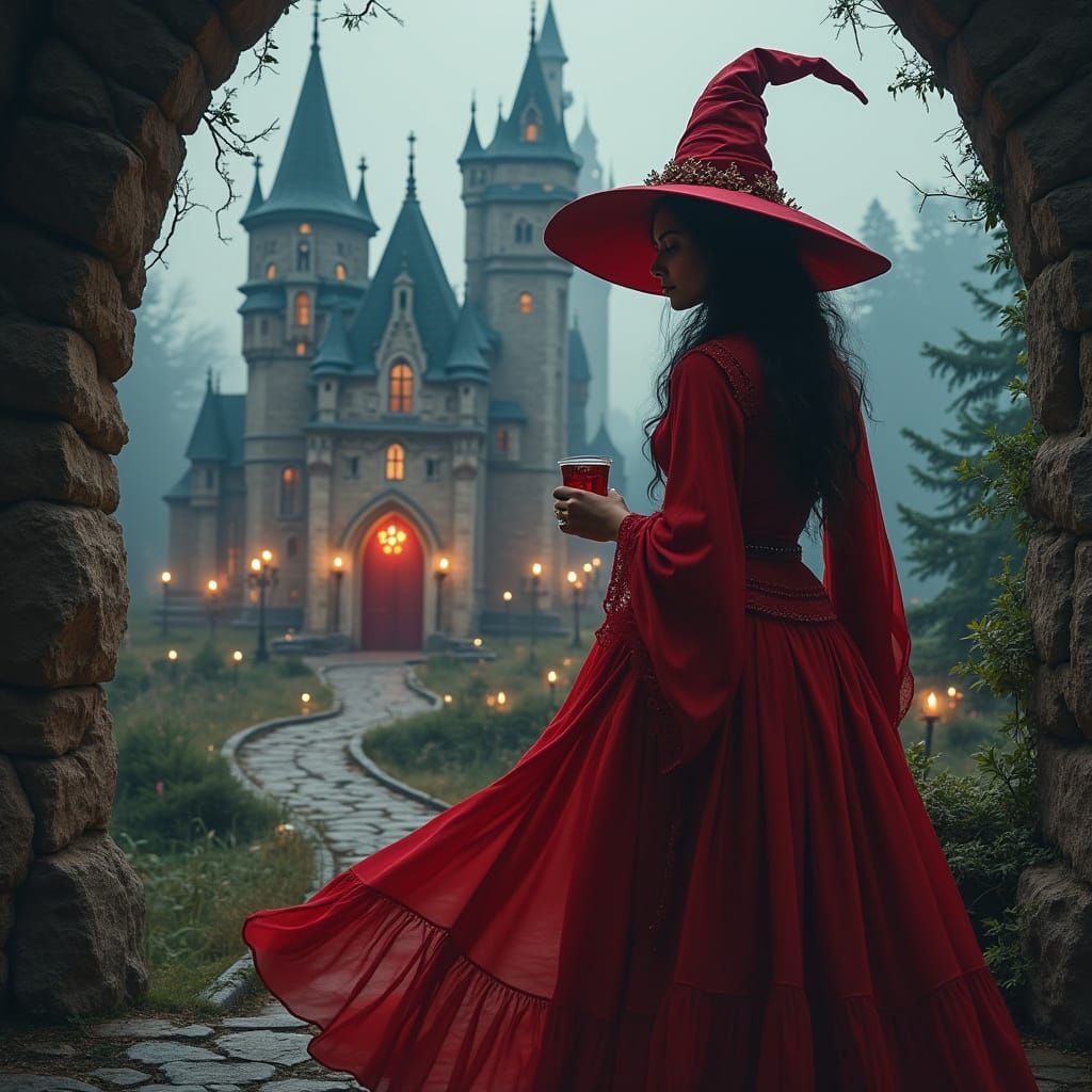 Gothic Witch in Red Near Giant Magical Potions