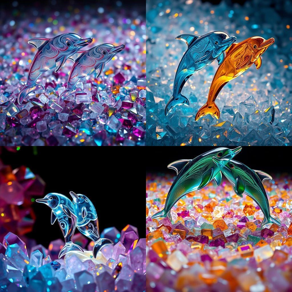 Glass Dolphins Leaping in a Crystal Ocean