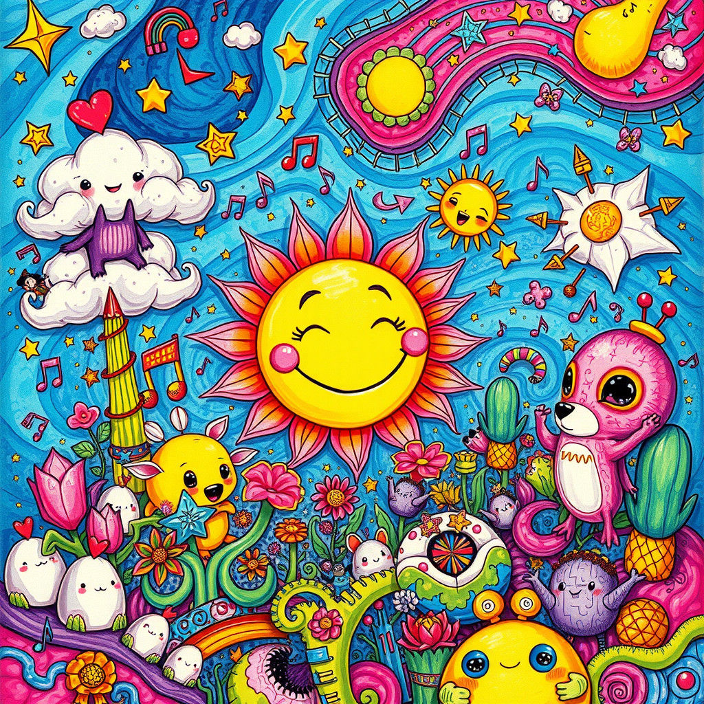Hyper-Detailed Doodle Art with Smiling Sun Character