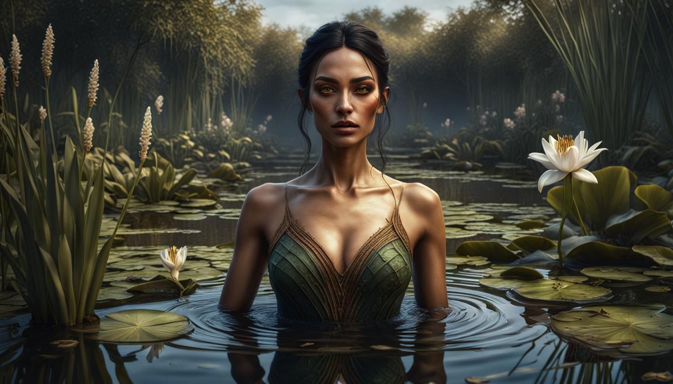 Woman Emerges from Lily Pond: Fantasy Concept Art