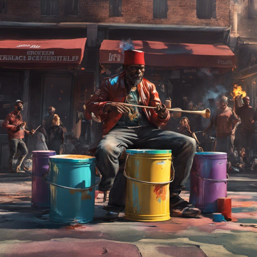 Street Performer's Bucket Drum Solo: Hyperrealistic Art