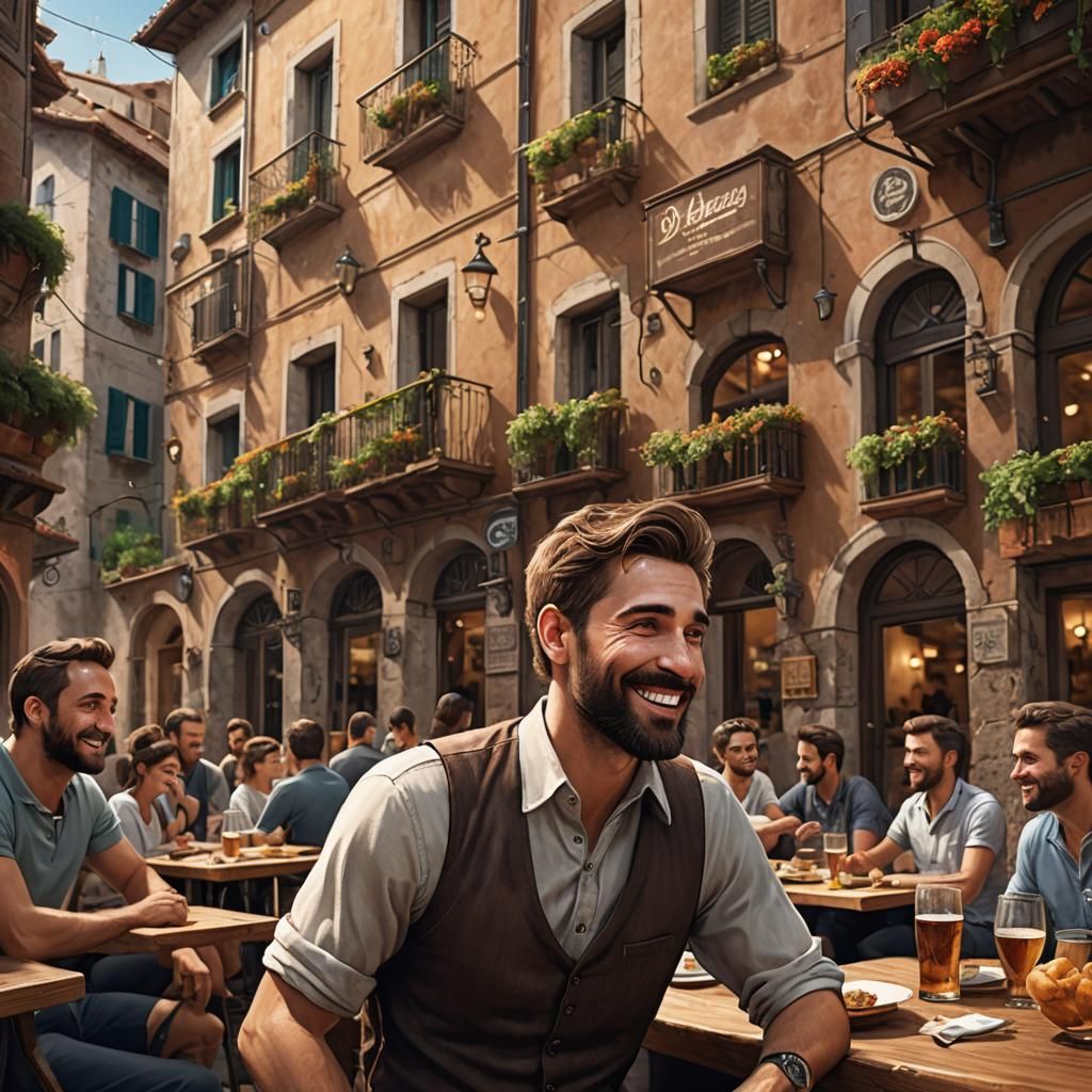 Man and Friends at Italian Restaurant: Detailed Matte Painti...