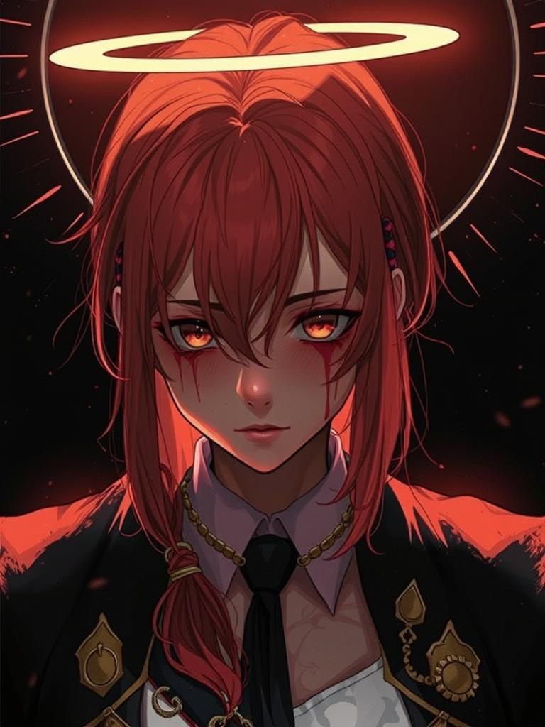 Makima on Black Horse with Blood Halo