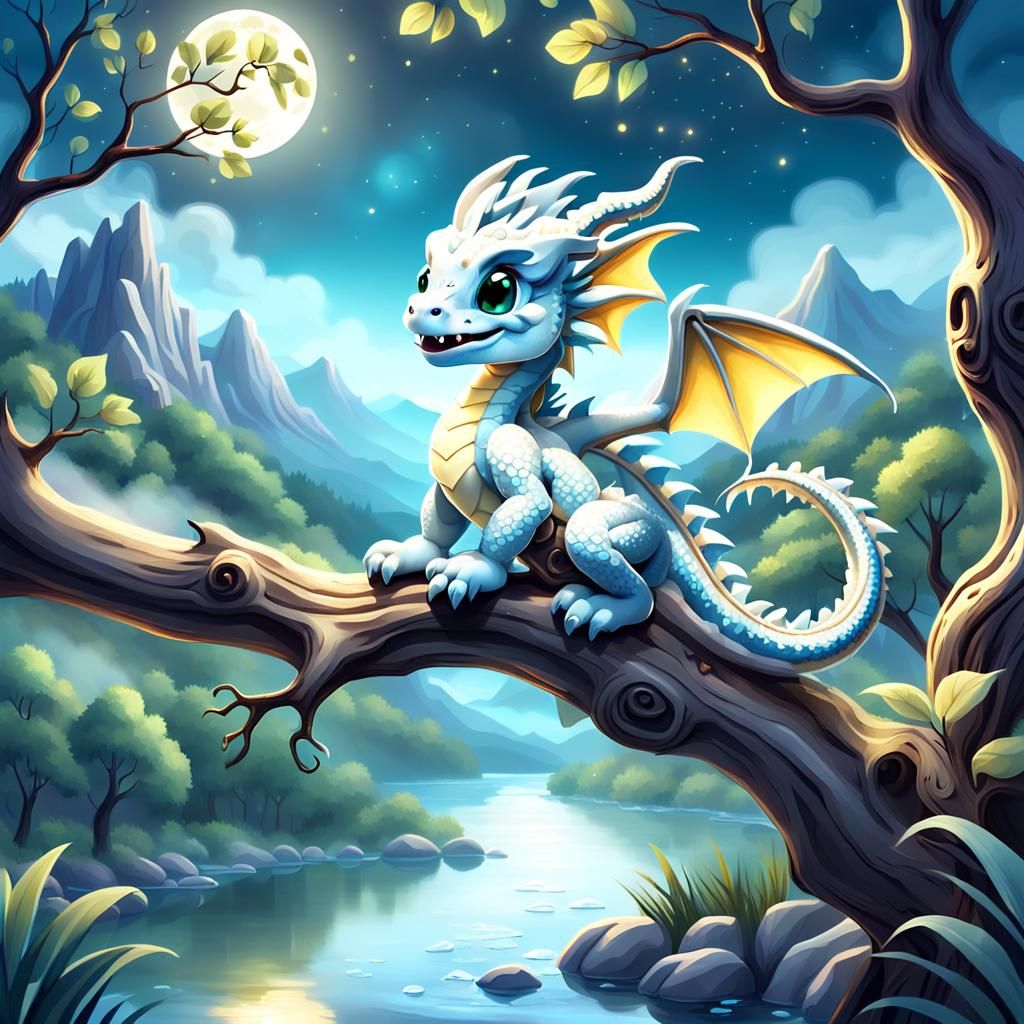 Cute Baby Silver Dragon in Whimsical Forest