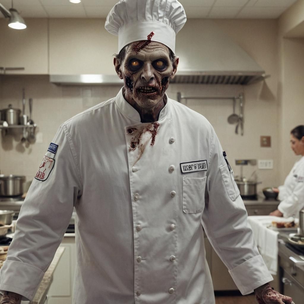 A hyperrealistic image of a realistic zombie chef. He is wearing a detailed, stained white chef's coat and hat. His face...