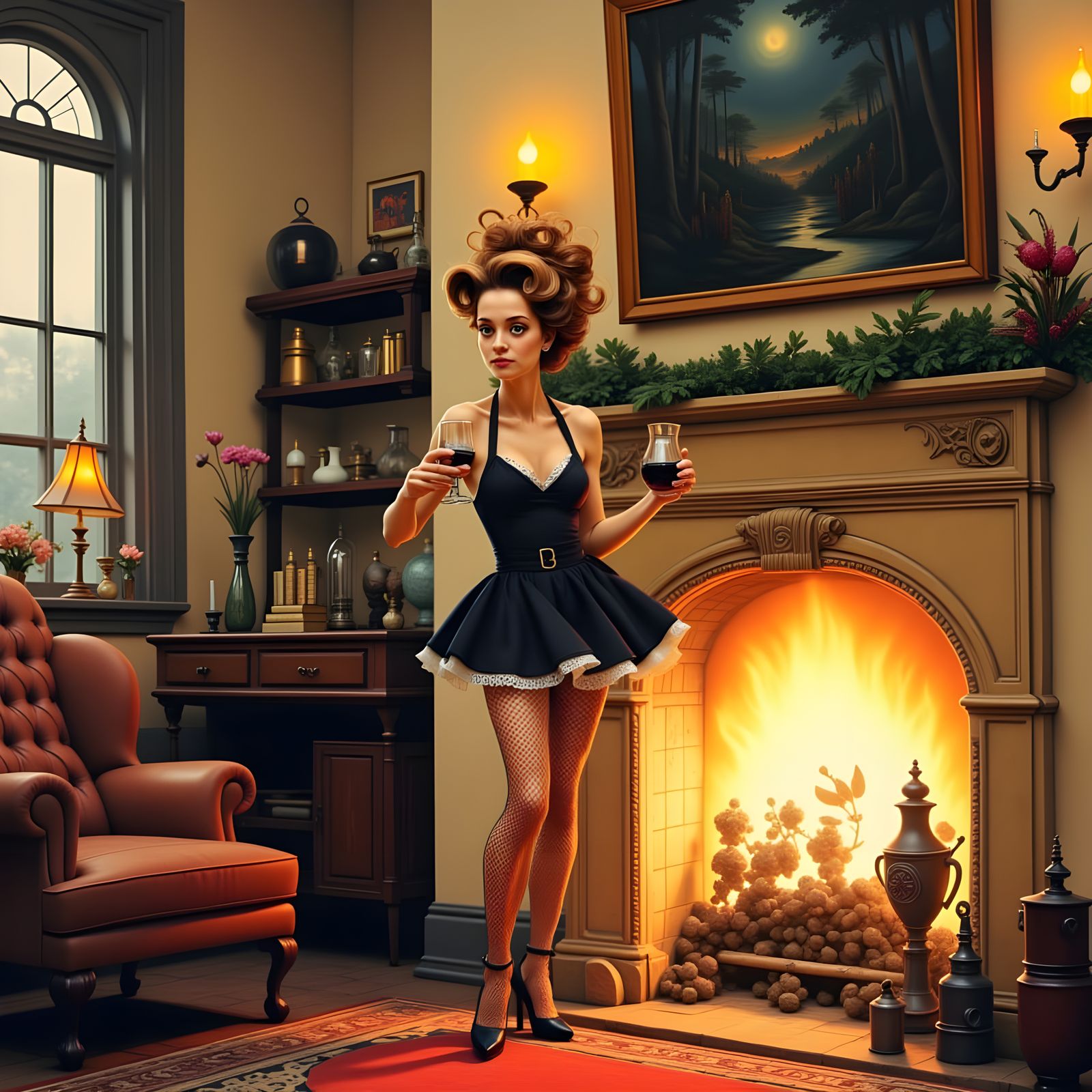 Woman in French Maid Costume by Fireplace