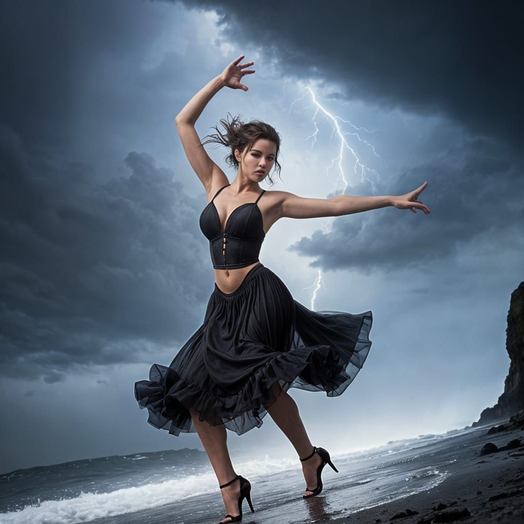 Sensual Woman Dancing in Turbulent Stormy Weather