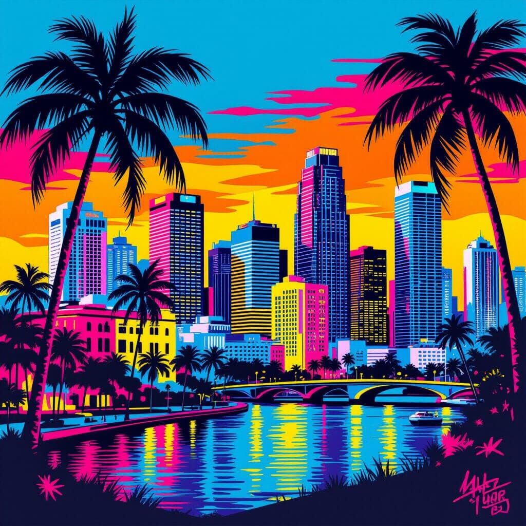 Retro 90s Pop Art Miami Cityscape with Neon Colors
