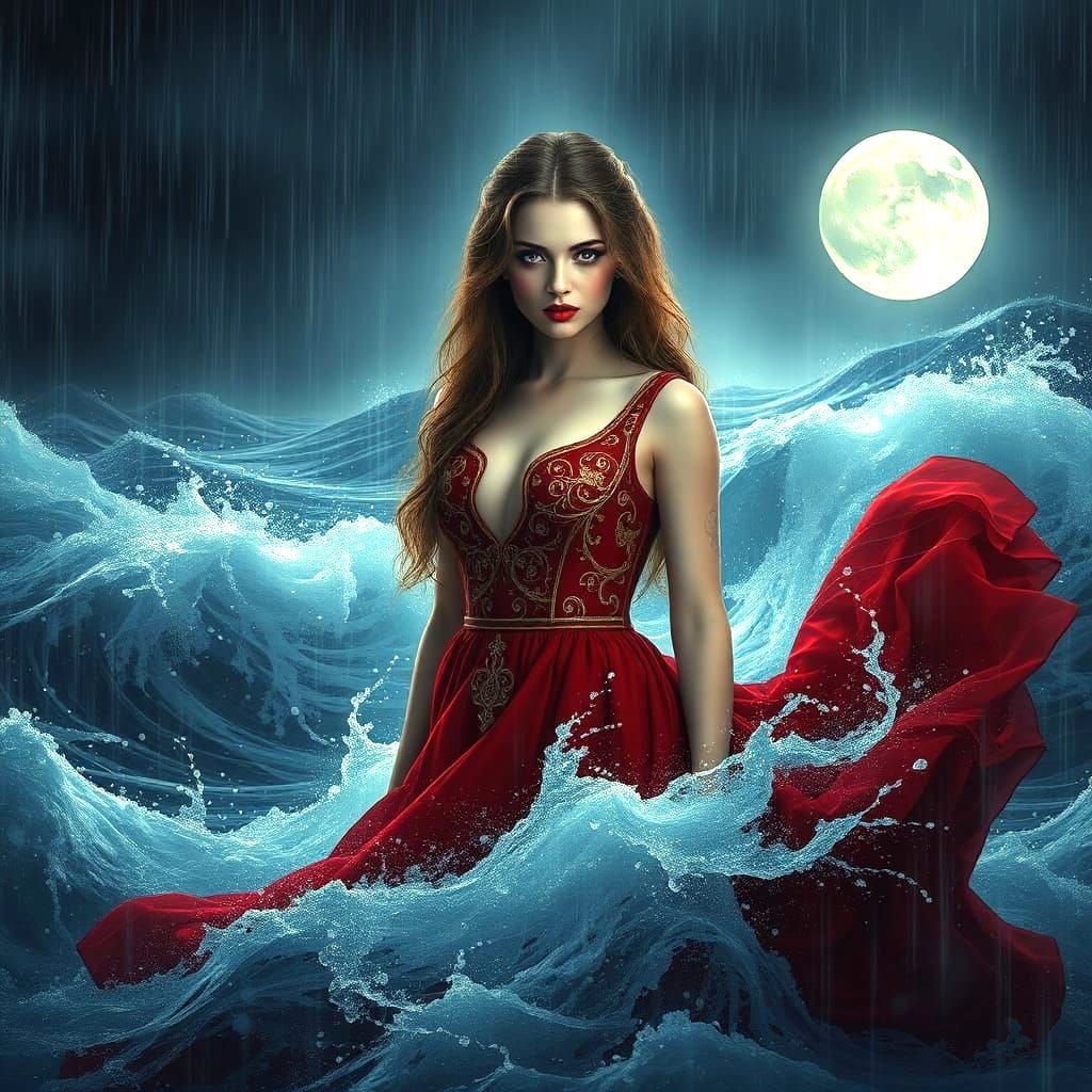 Red Dress in Rainy Fantasy Landscape