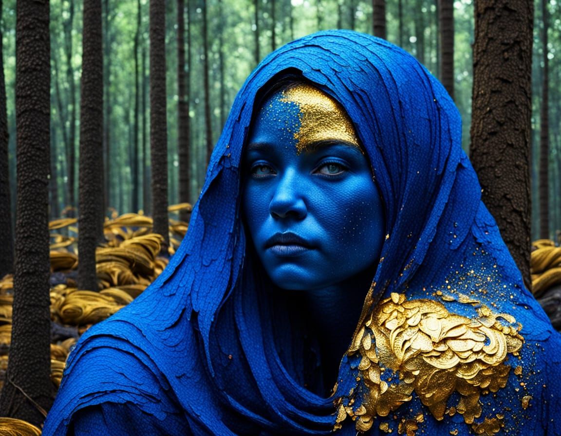 Woman, blue, molten gold, forest