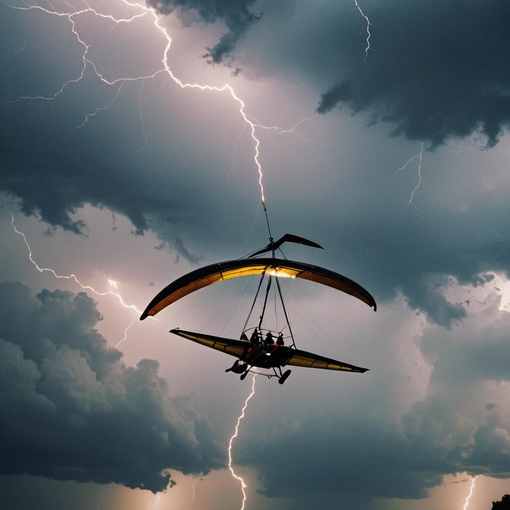 a hangglider, high in the sky, struck by lightning