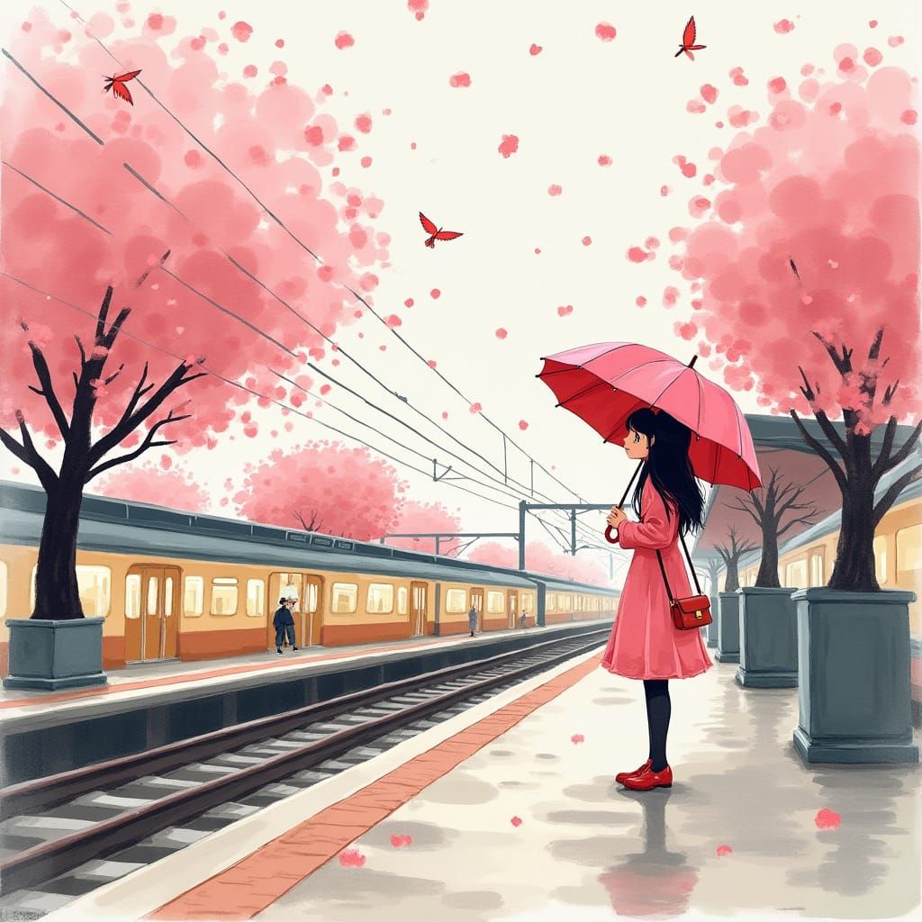 Sakura Trees and Pink Umbrella at Train Station