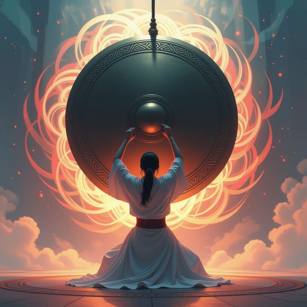 Student Rings Gong in Triumphant, Futuristic Scene