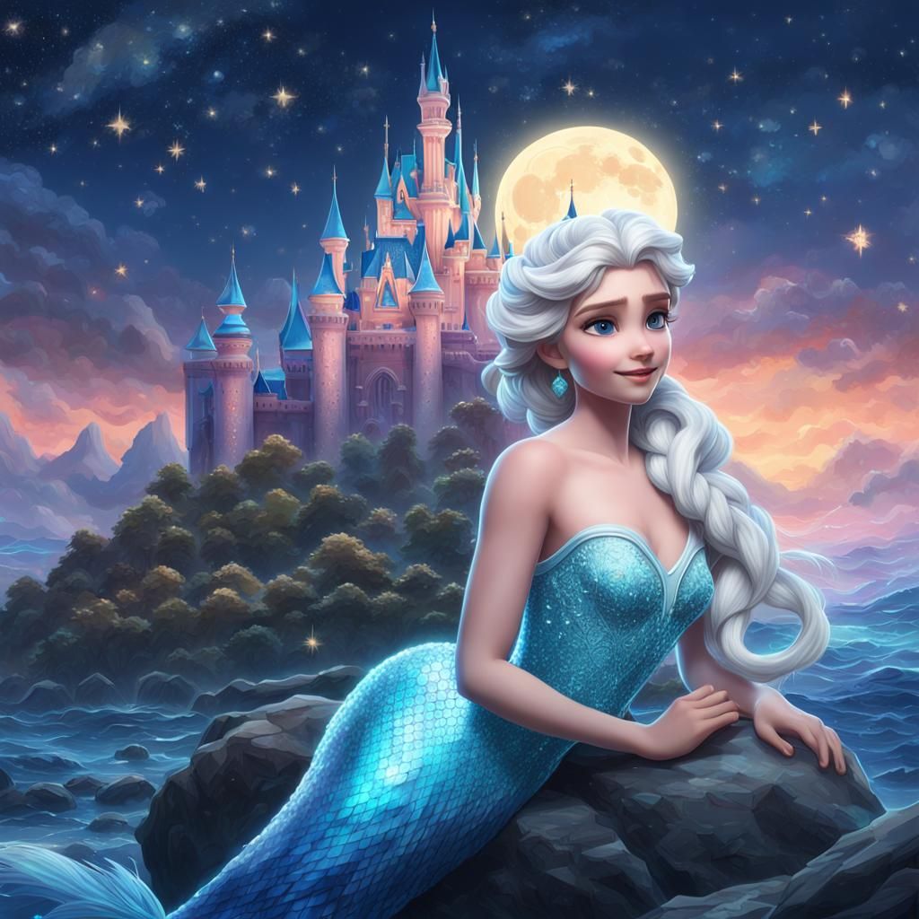 Elsa as Mermaid in Disney Castle, Hyperrealistic Art