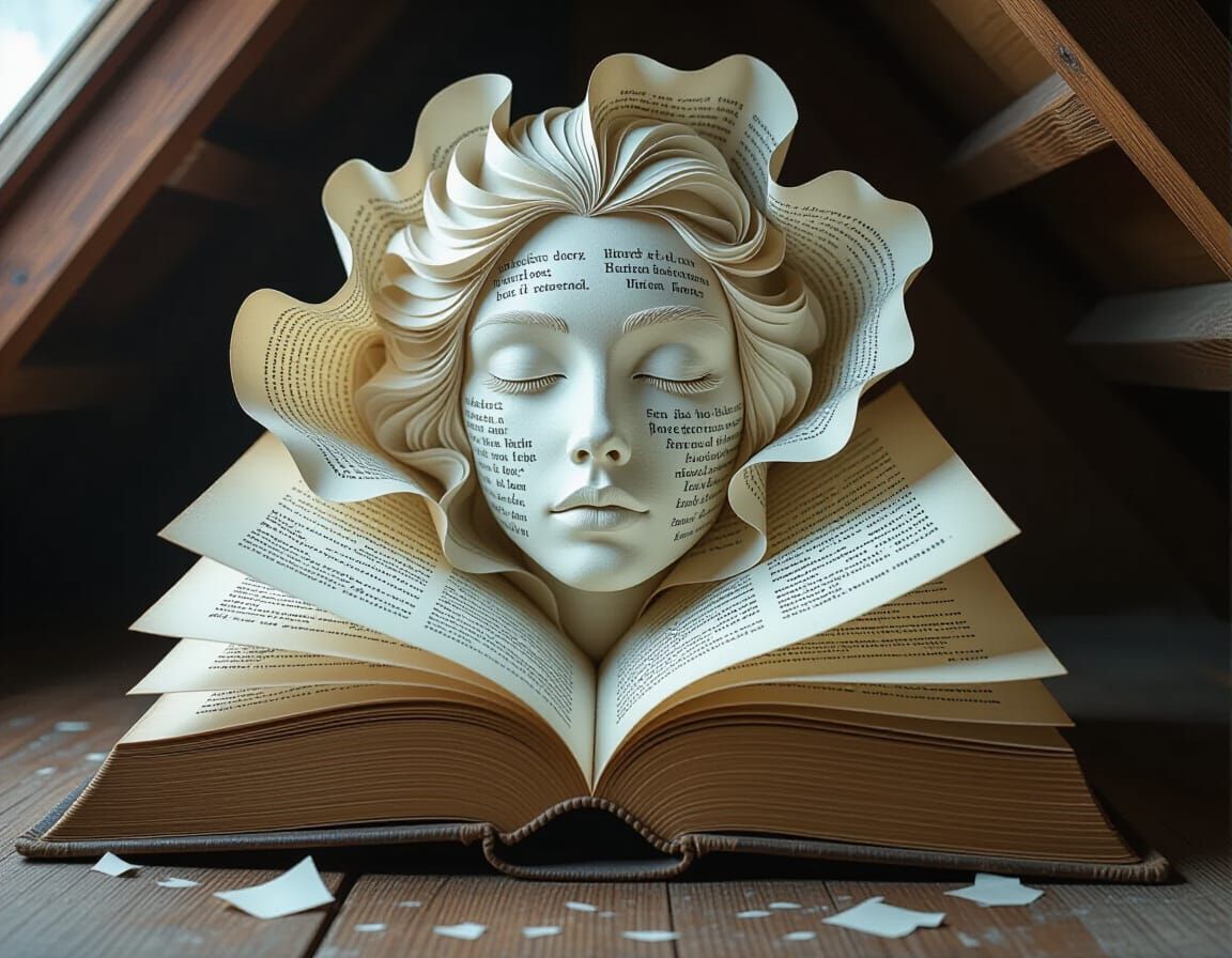 Face Emerges from Book in Ethereal Attic Scene