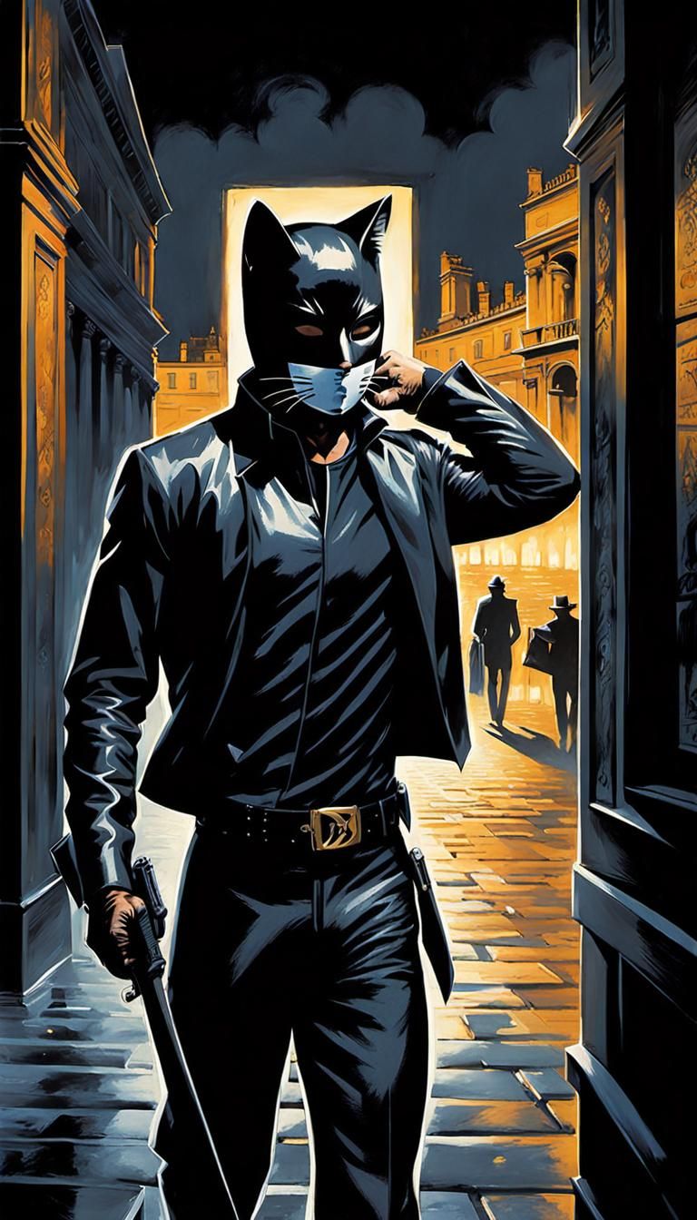 Noir Cat Burglar Steals Painting, Comic Book Art