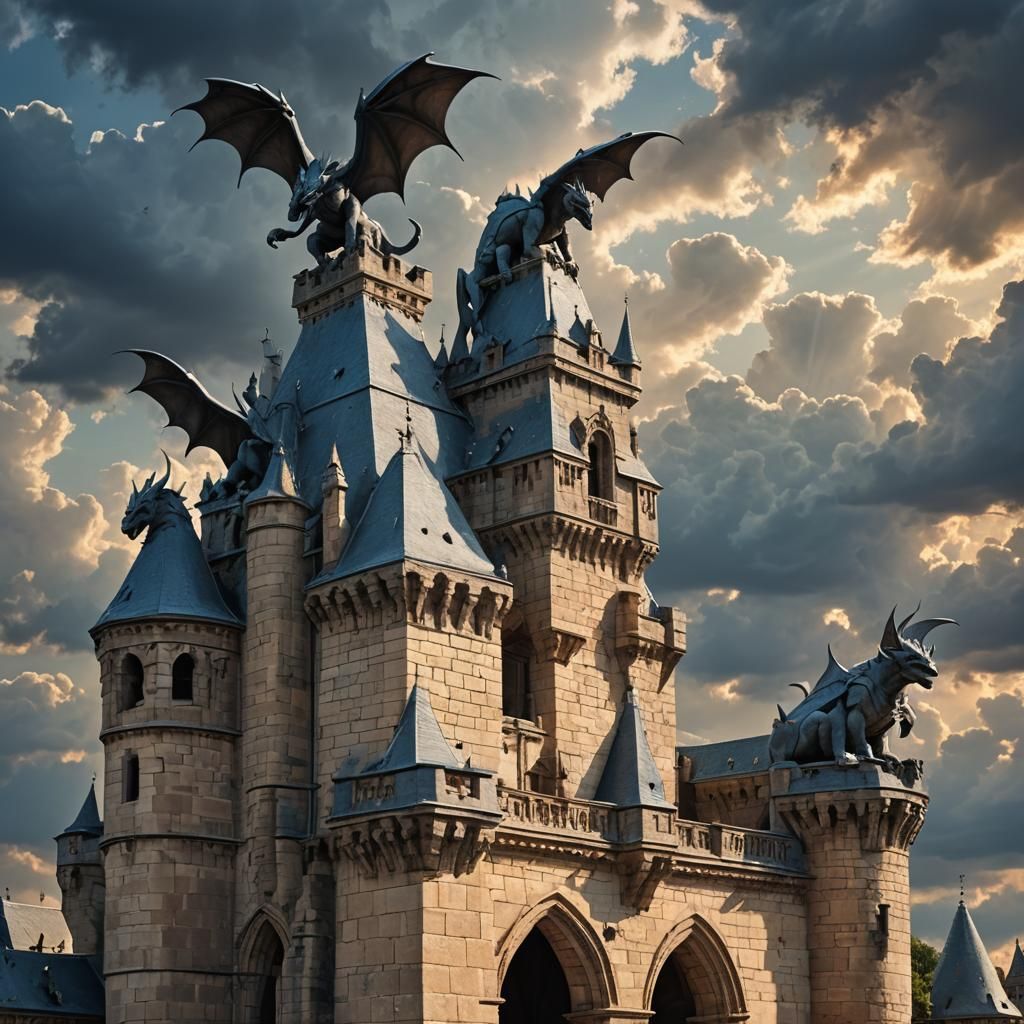 Gargoyles Perched Atop Castle in Luminism Style