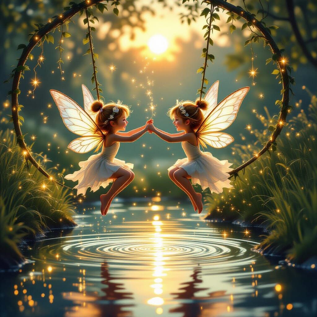 Fairies Swinging on Luminescent Vine at Sunset