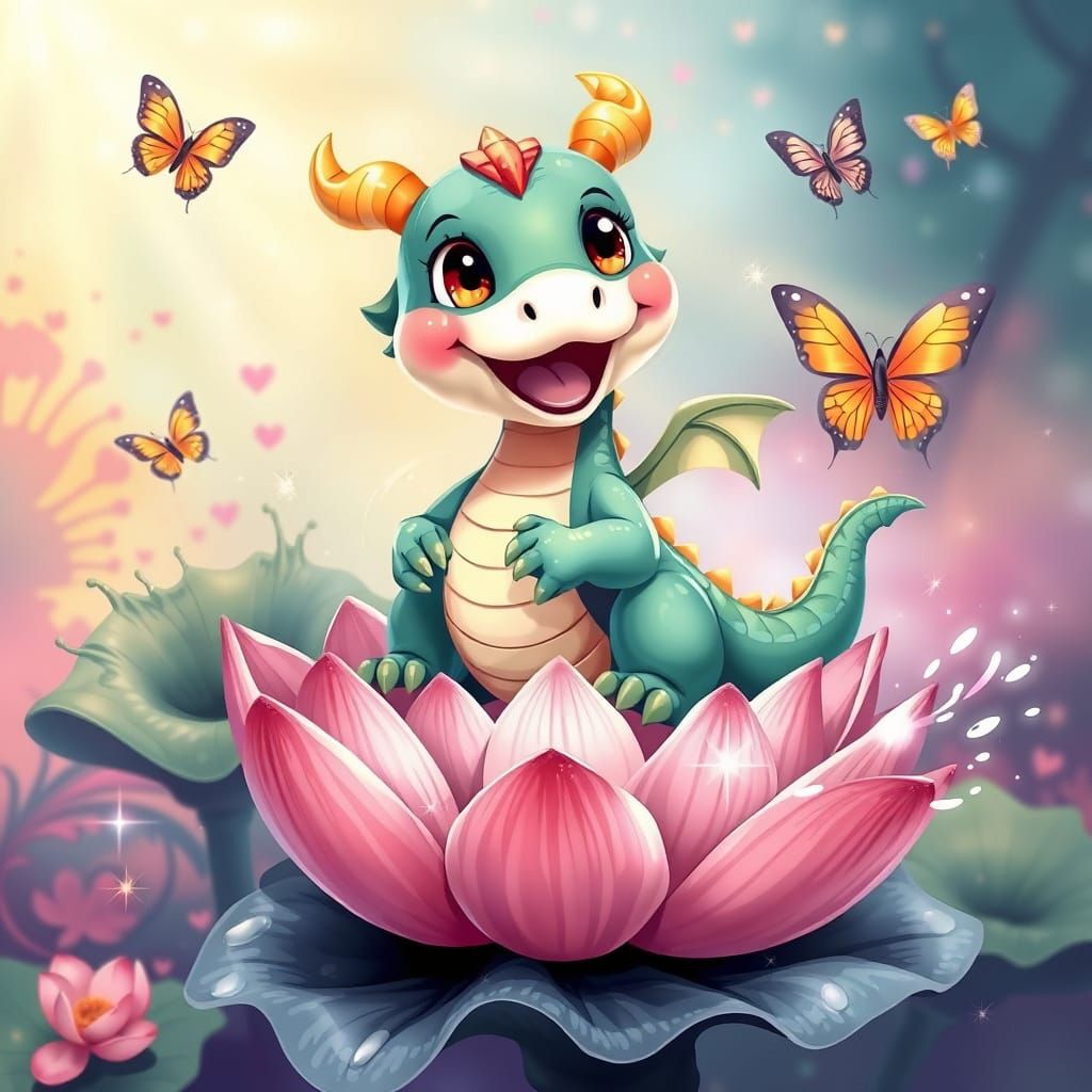 Cute Dragon on Lotus with Magical Sparkles