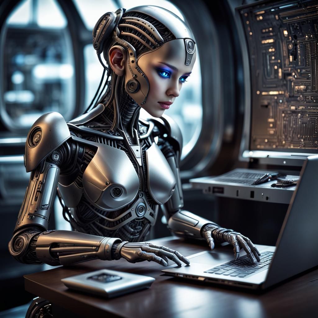 Hyperrealistic Humanoid Writing Digital Book