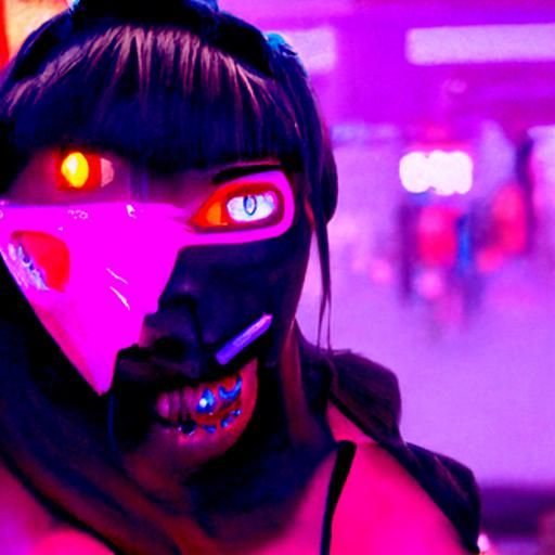 Woman with Oni Mask in Cyberpunk Neon City
