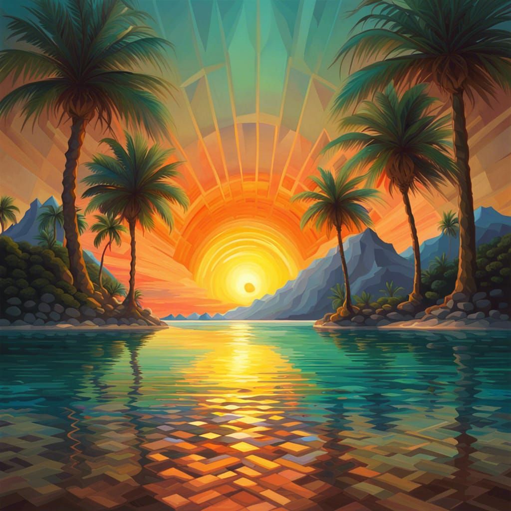 Symmetrical Sunset Beach in Low Poly Fantasy Art