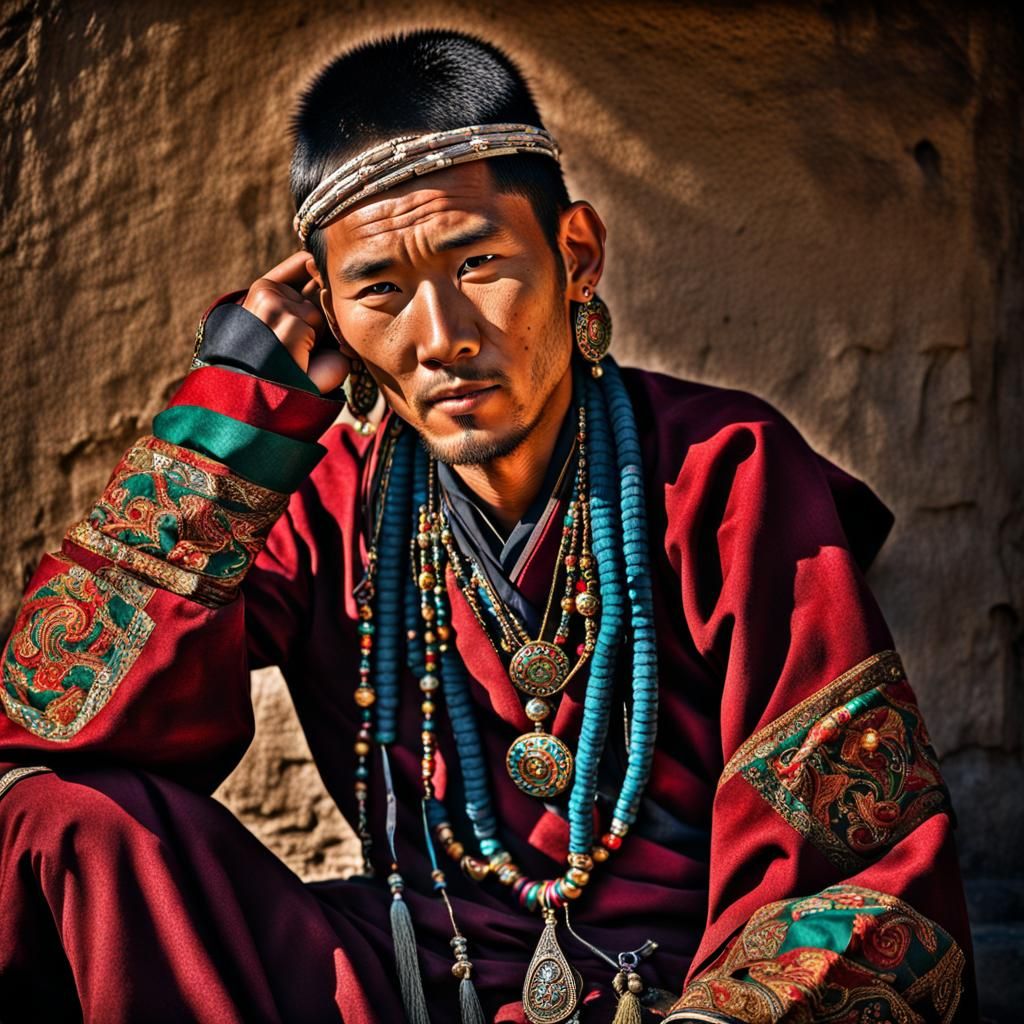 Young Tibetan Man Portrait in Traditional Dress