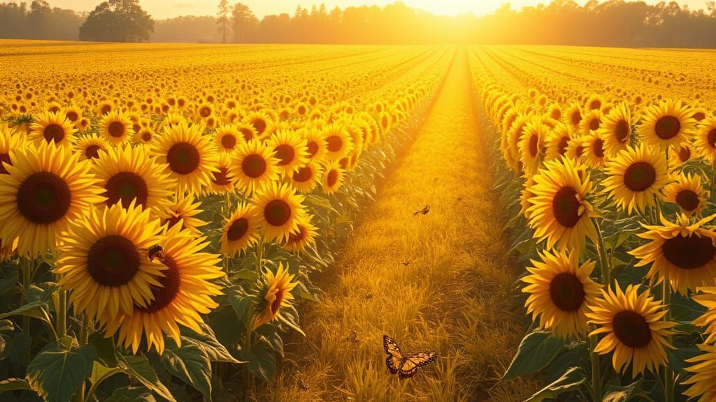 Sun-Drenched Sunflower Field in Hyperrealistic Oil Painting ...