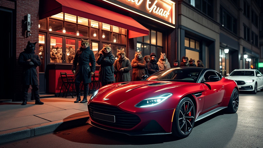 Ninja Cat Arriving at Nightclub in Aston Martin