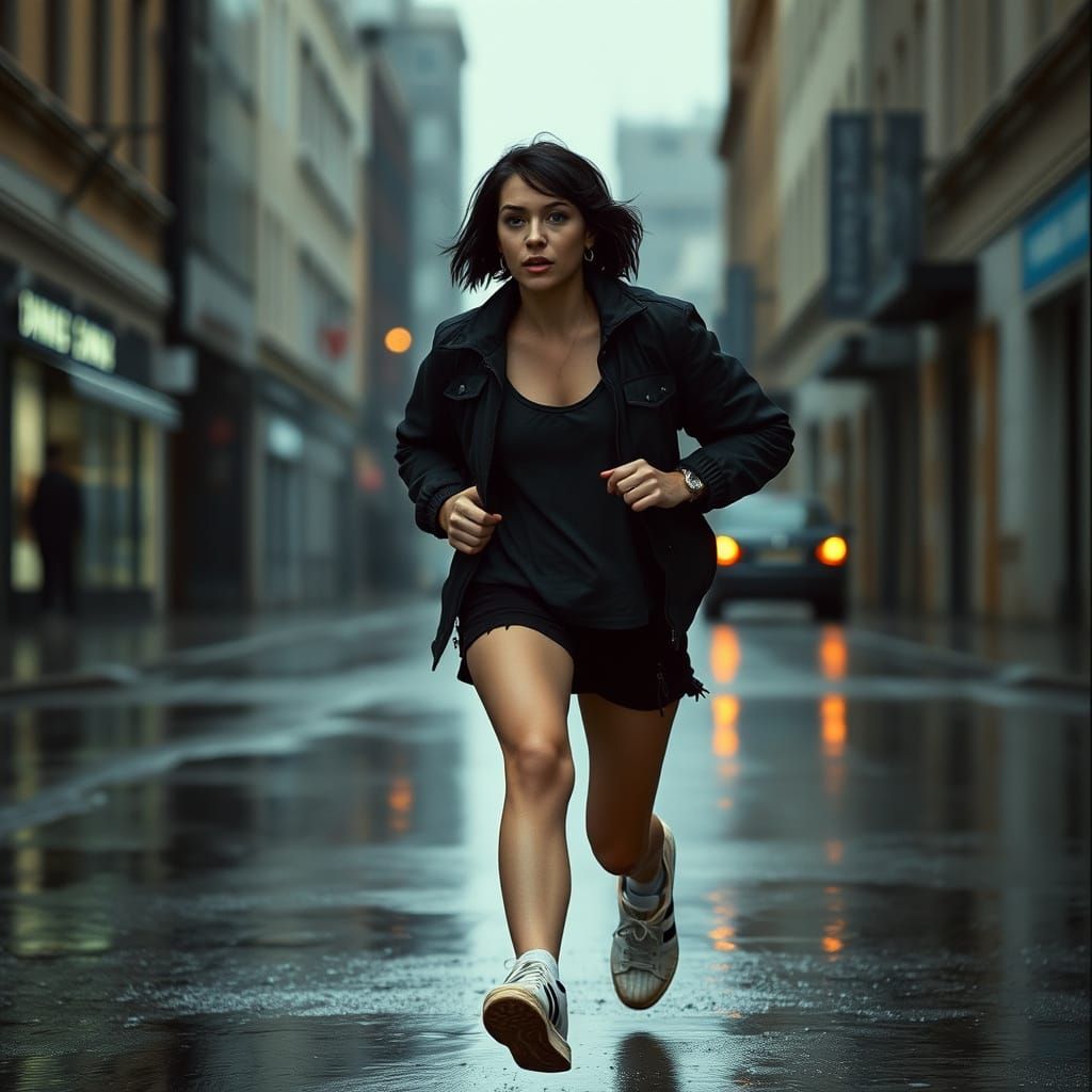 Woman Running in Rain, Cinematic Style