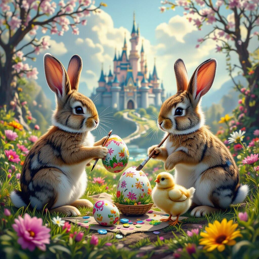 Hyper-Realistic Easter Fantasy with Rabbits and Chick