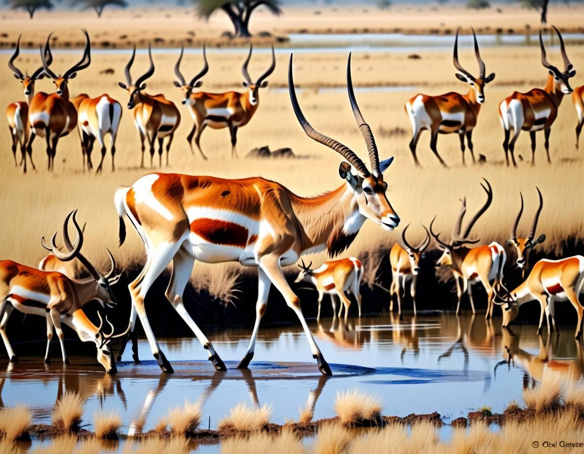 Elegant Lechwe Antelope with Sweeping Horns