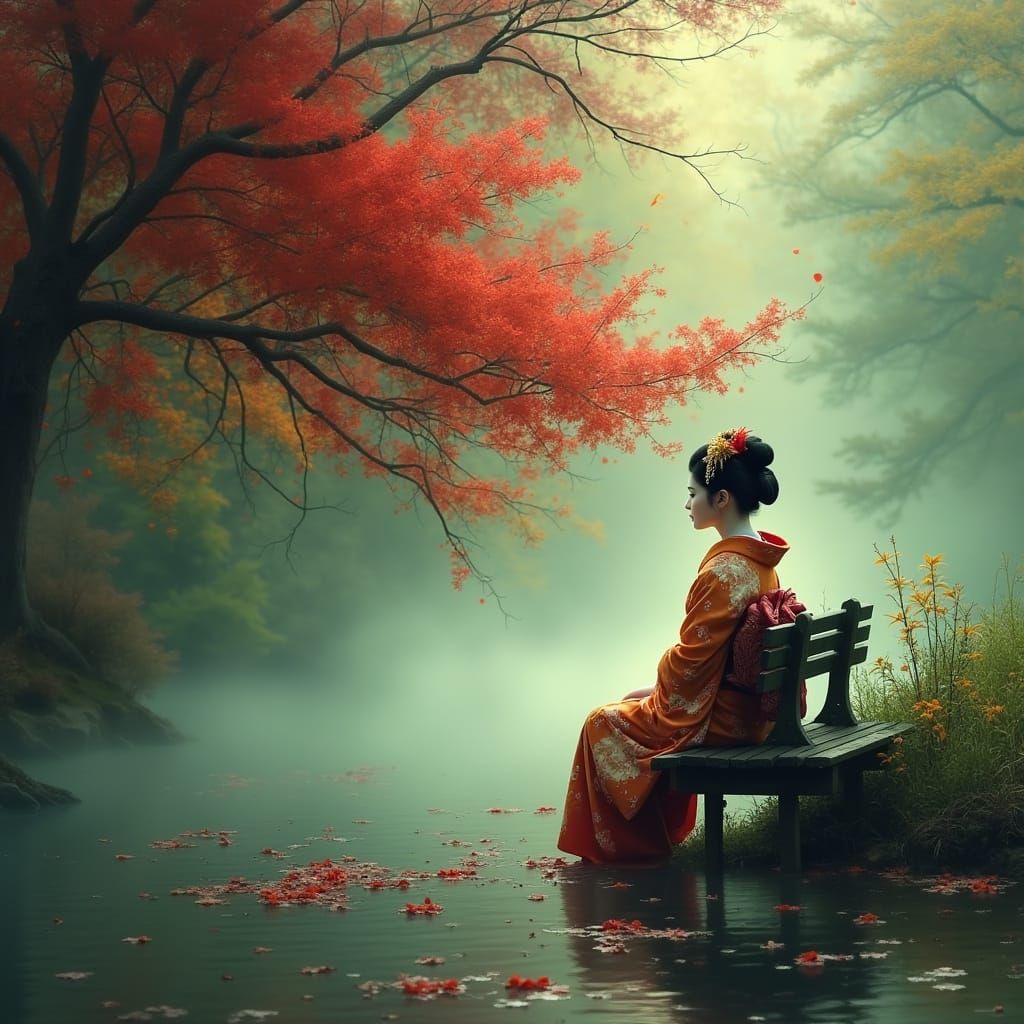 Vibrant Geisha in a Whimsical Foggy Landscape
