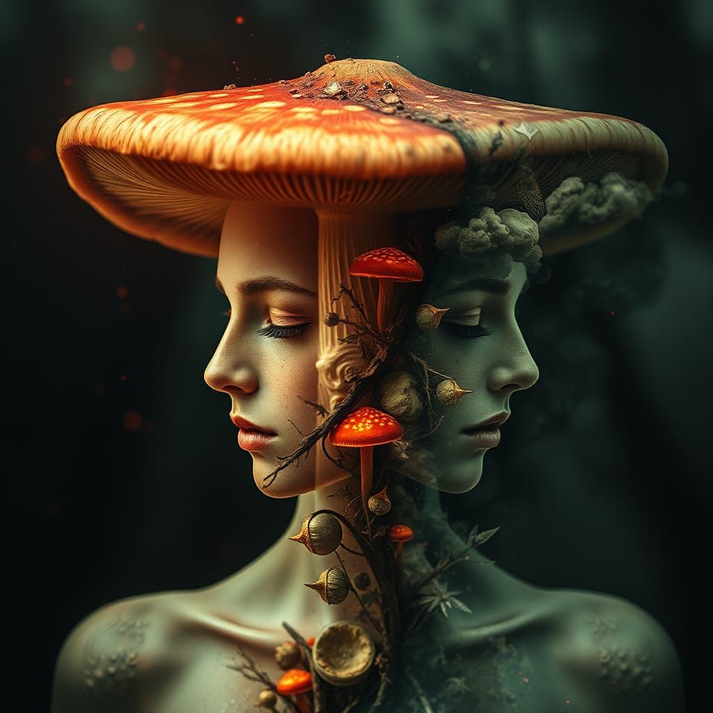 Encaustic Mushroom Double Exposure Fantasy Portrait