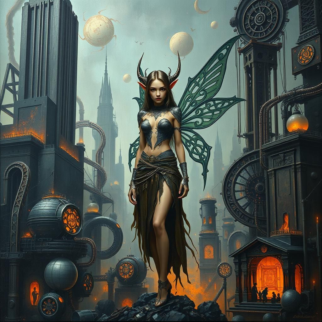 Elf in Dystopian Cityscape as Impasto Painting