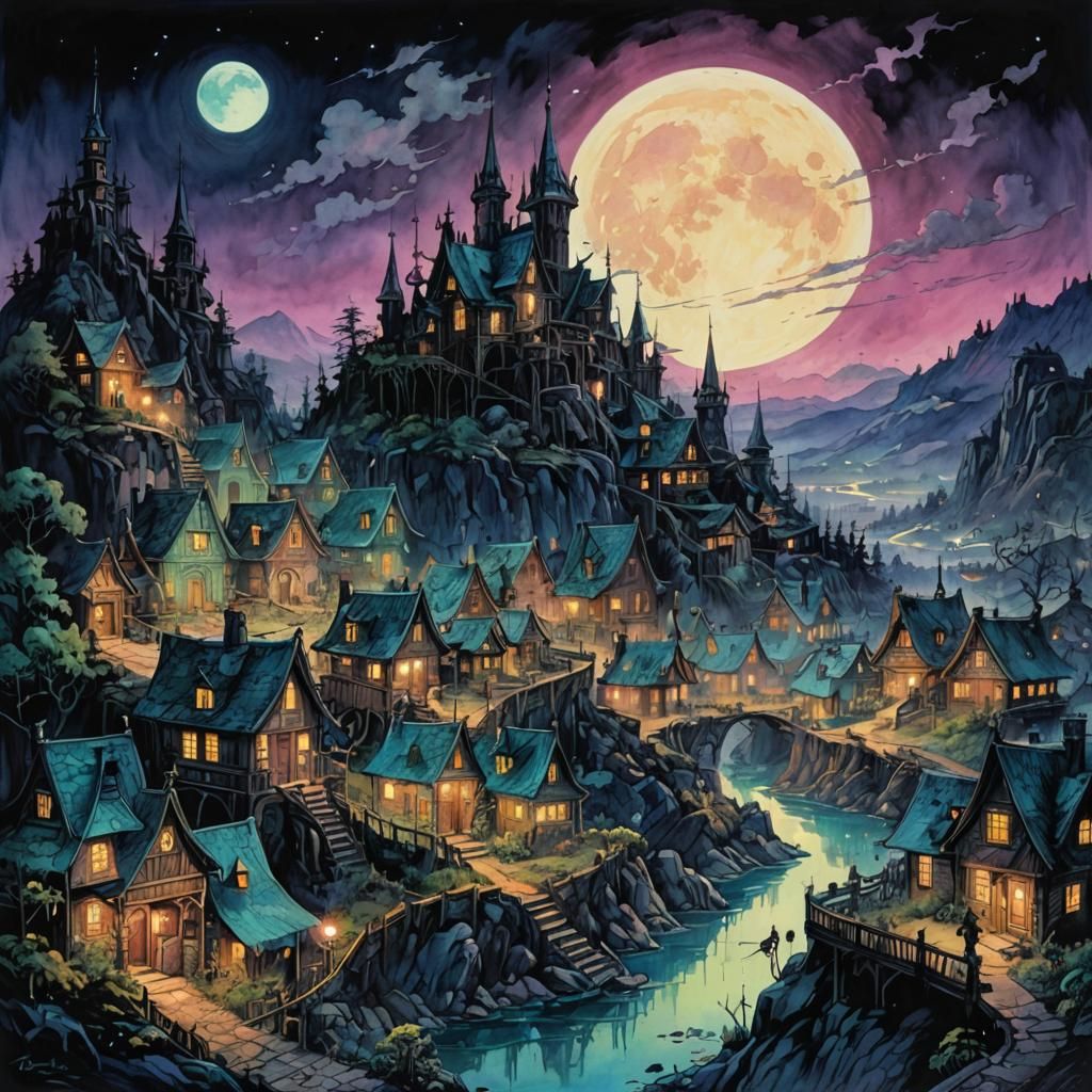 Iridescent Fantasy Village in Watercolor Moonlight