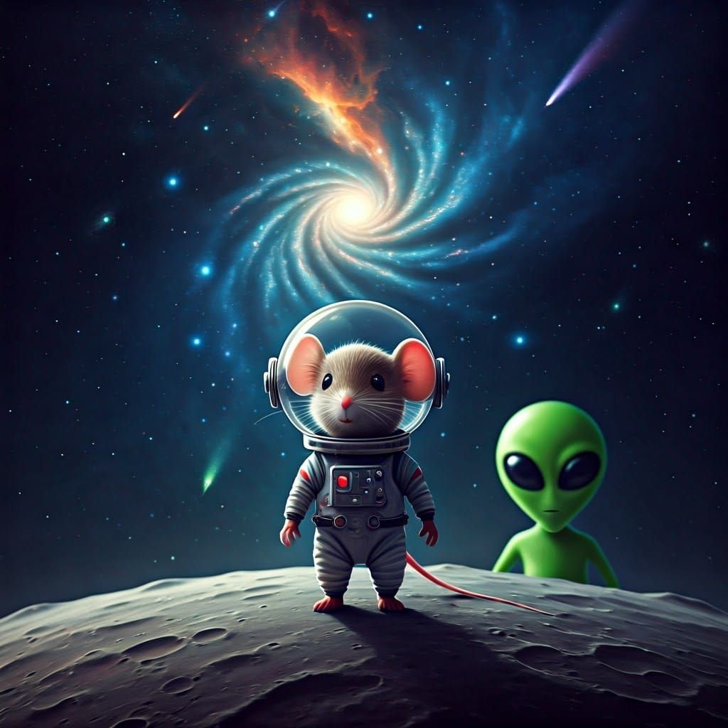 Chibi Mouse Astronaut on Moon with Alien
