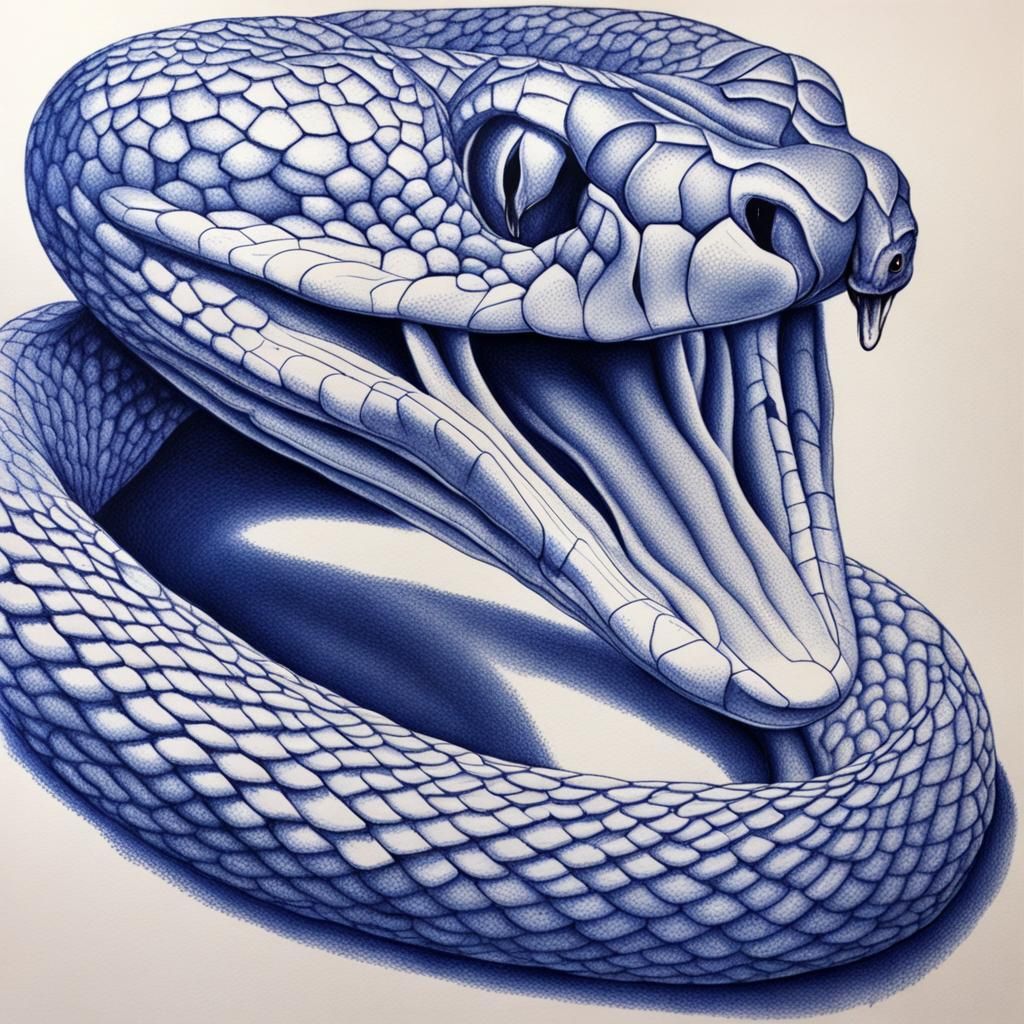 Detailed Snake Portrait in Blue Pen Art