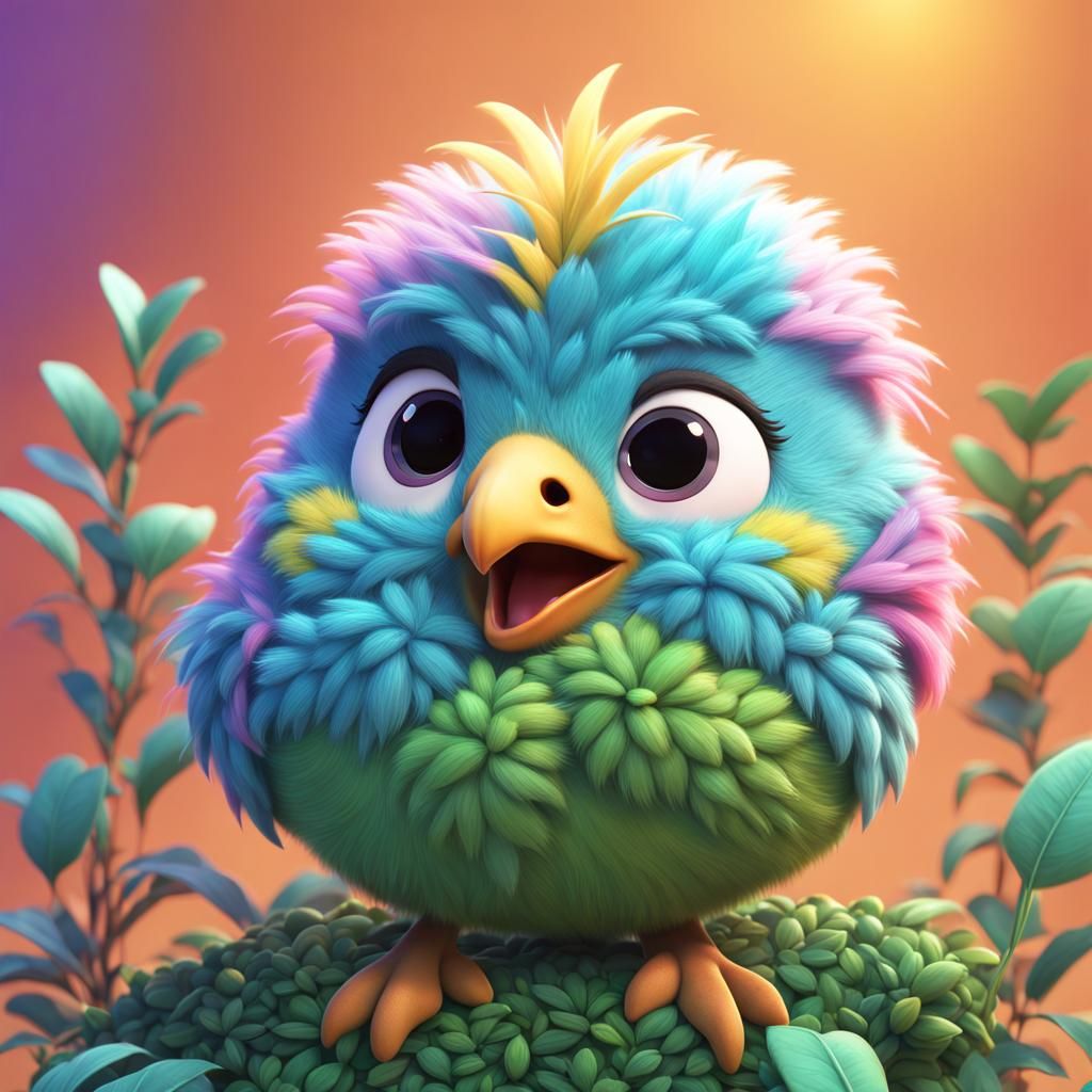 Fluffy Bird on Bush: 3D Digital Art
