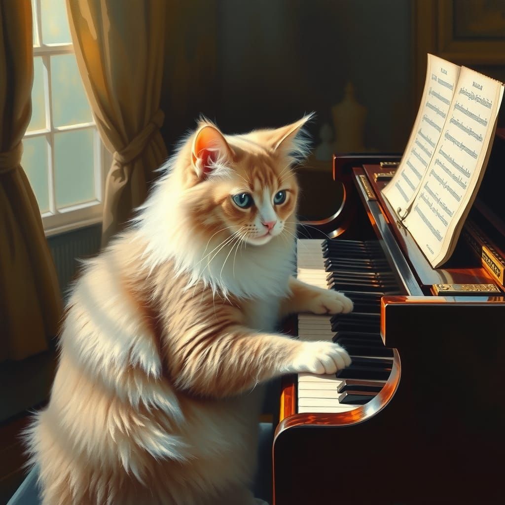 Persian Cat Plays Piano: Oil Painting