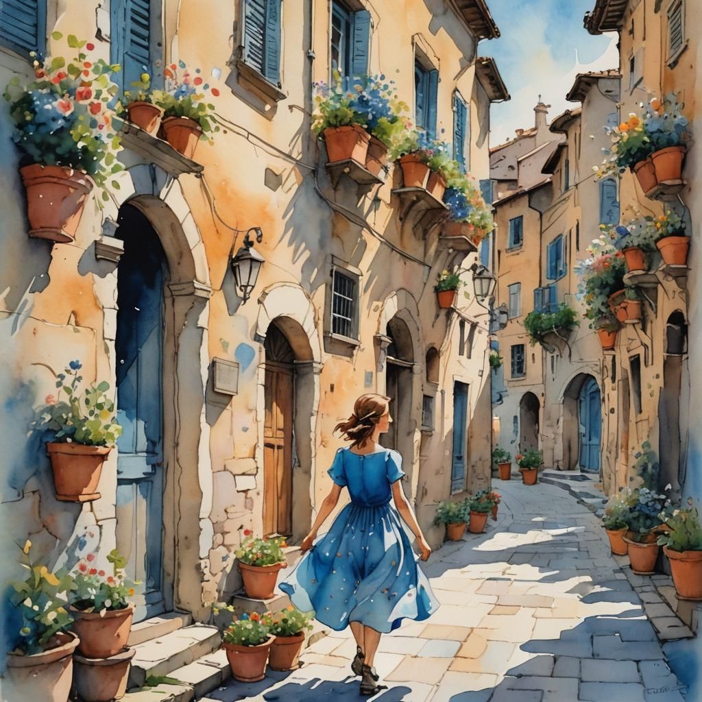 Italian Girl in Blue Dress: Watercolor Painting