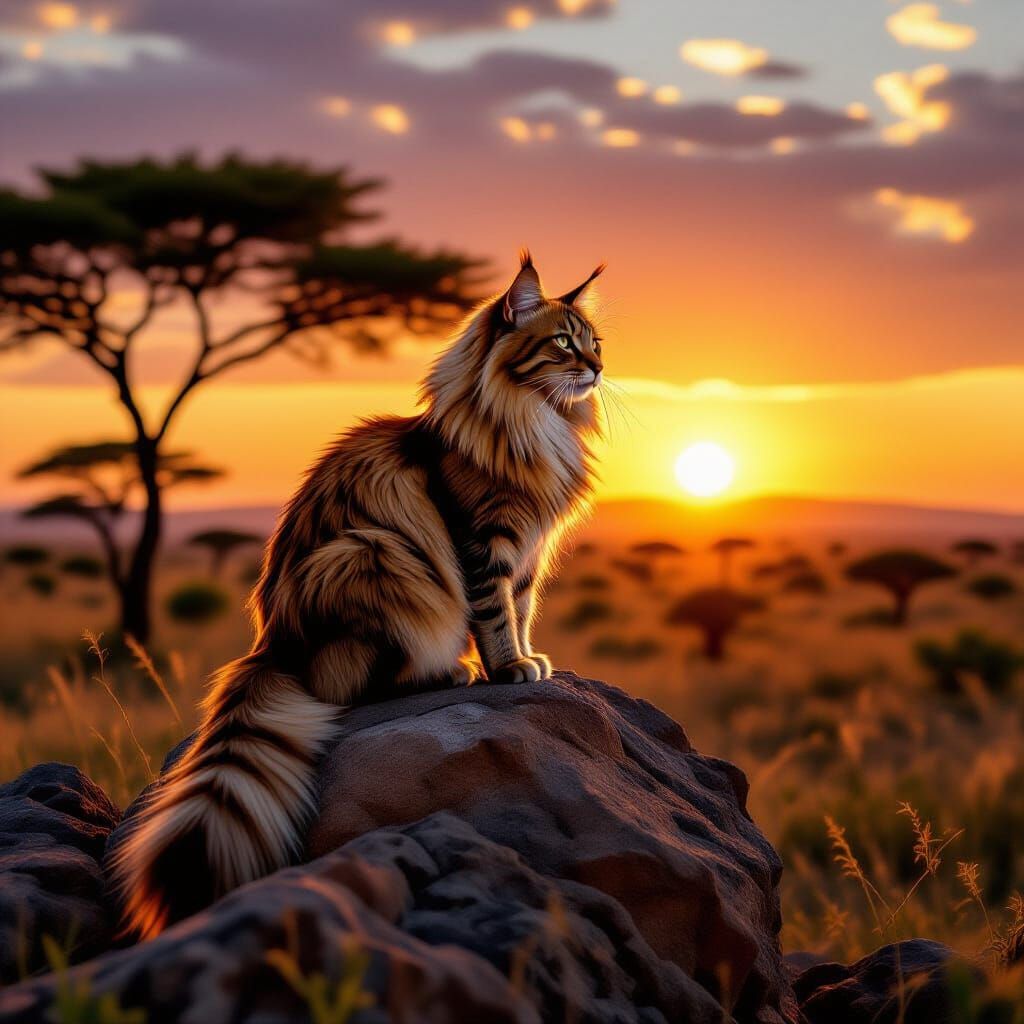 Majestic Cat on Rocky Outcrop at Sunset