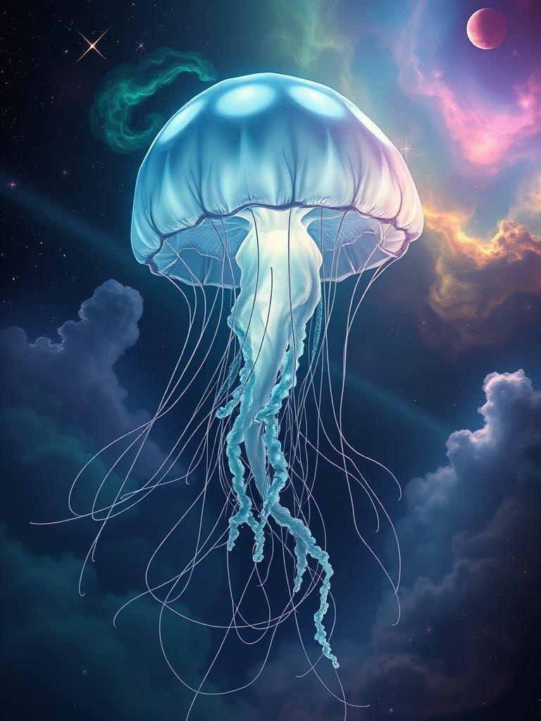 Bioluminescent Jellyfish Drifting Through Deep Space Nebula