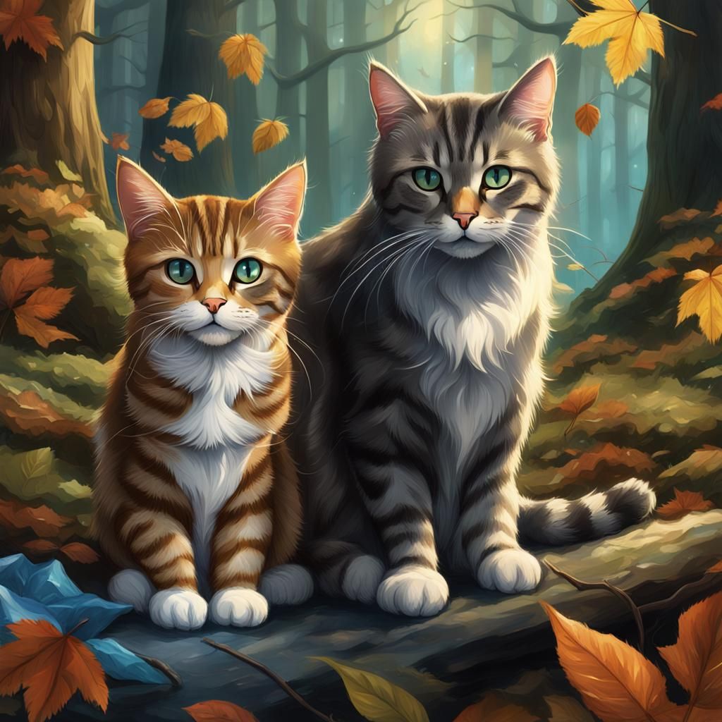 Cats in Forest, Detailed Matte Painting Style