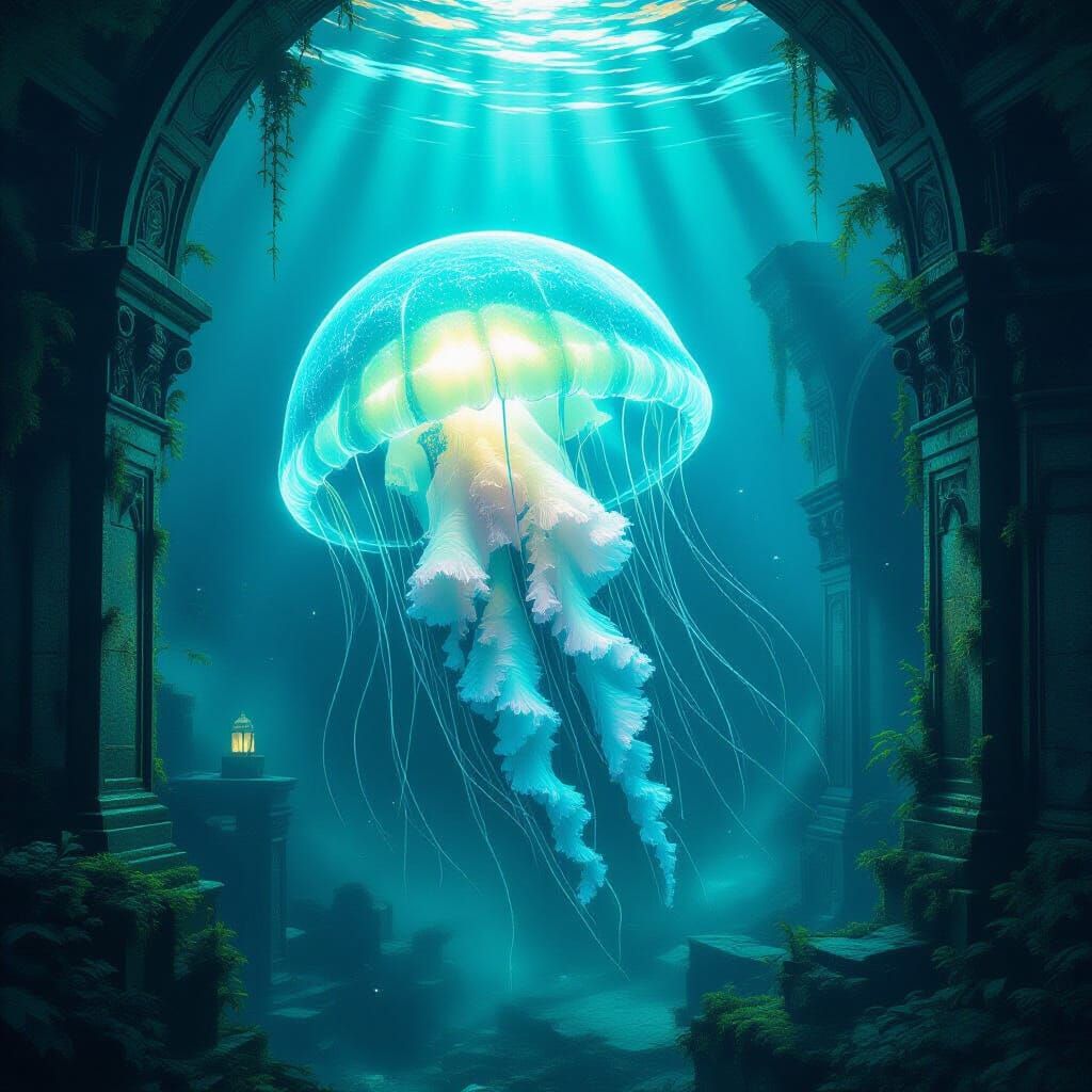 Bioluminescent Jellyfish in Sunken Art Nouveau City